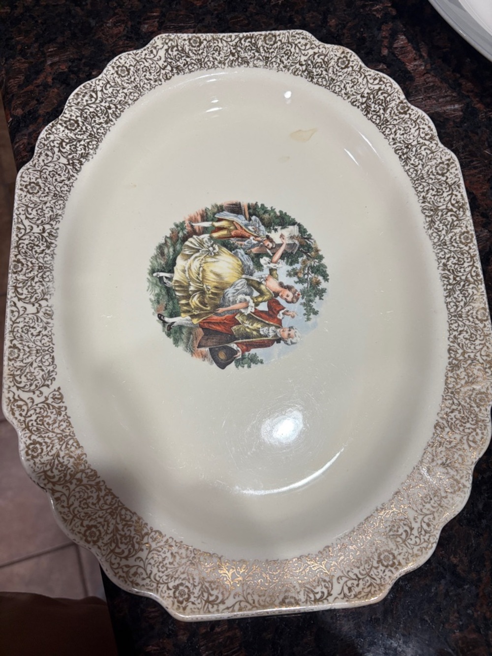 Cream Decorative Serving Platter with Gold Filigree and Pastoral Scene
